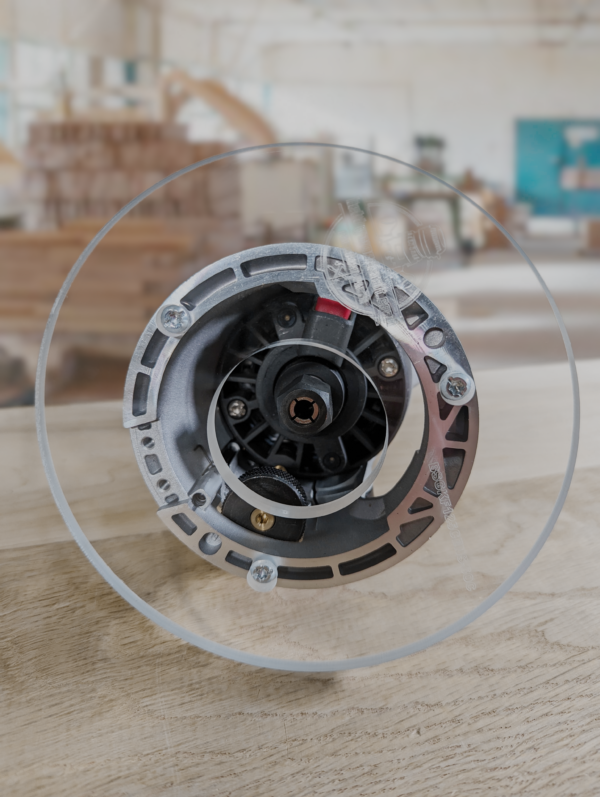 3/8″ Thick 6" circle baseplate upgrade with a 2" opening for Bosch GKF125CEN Colt 1.25 HP fixed base