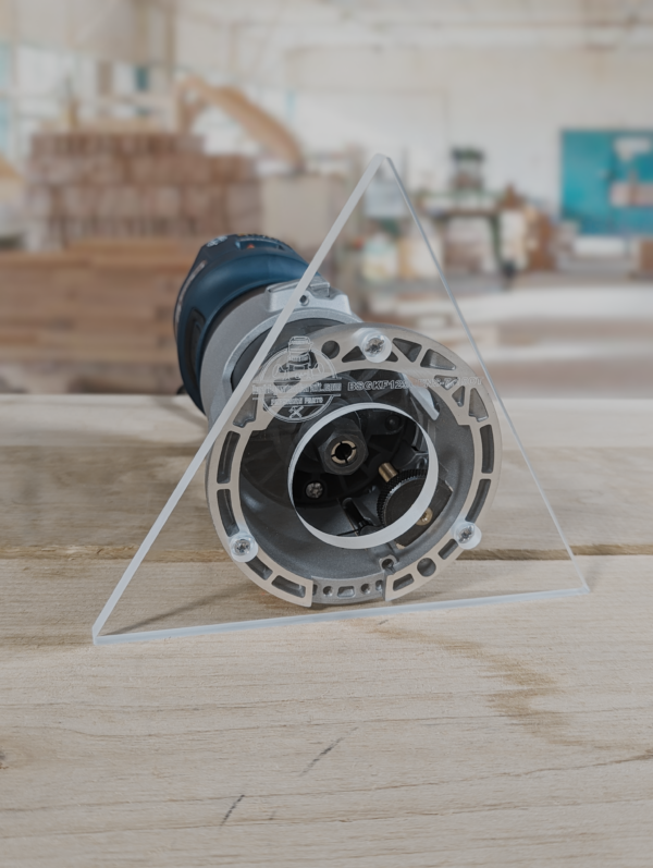 3/8″ Thick 7.15" triangle baseplate upgrade with a 2" opening for Bosch GKF125CEN Colt 1.25 HP fixed base
