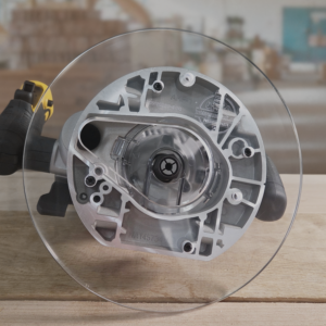 3/8″ Thick 9" circle baseplate upgrade with a 2.6" opening for Dewalt DCW620B plunge base