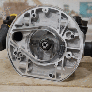 3/8″ Thick 6.75" circle with a flat edge baseplate upgrade with a 2.6" opening for Dewalt DCW620B plunge base