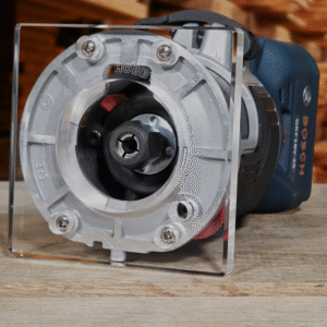 3/8″ Thick 3.6" Square baseplate upgrade with a 2" opening for Bosch BSGKF18V-25N fixed base router.