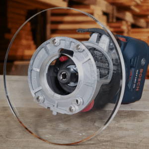 3/8″ Thick 6" Circle baseplate upgrade with a 2" opening for Bosch BSGKF18V-25N fixed base router.