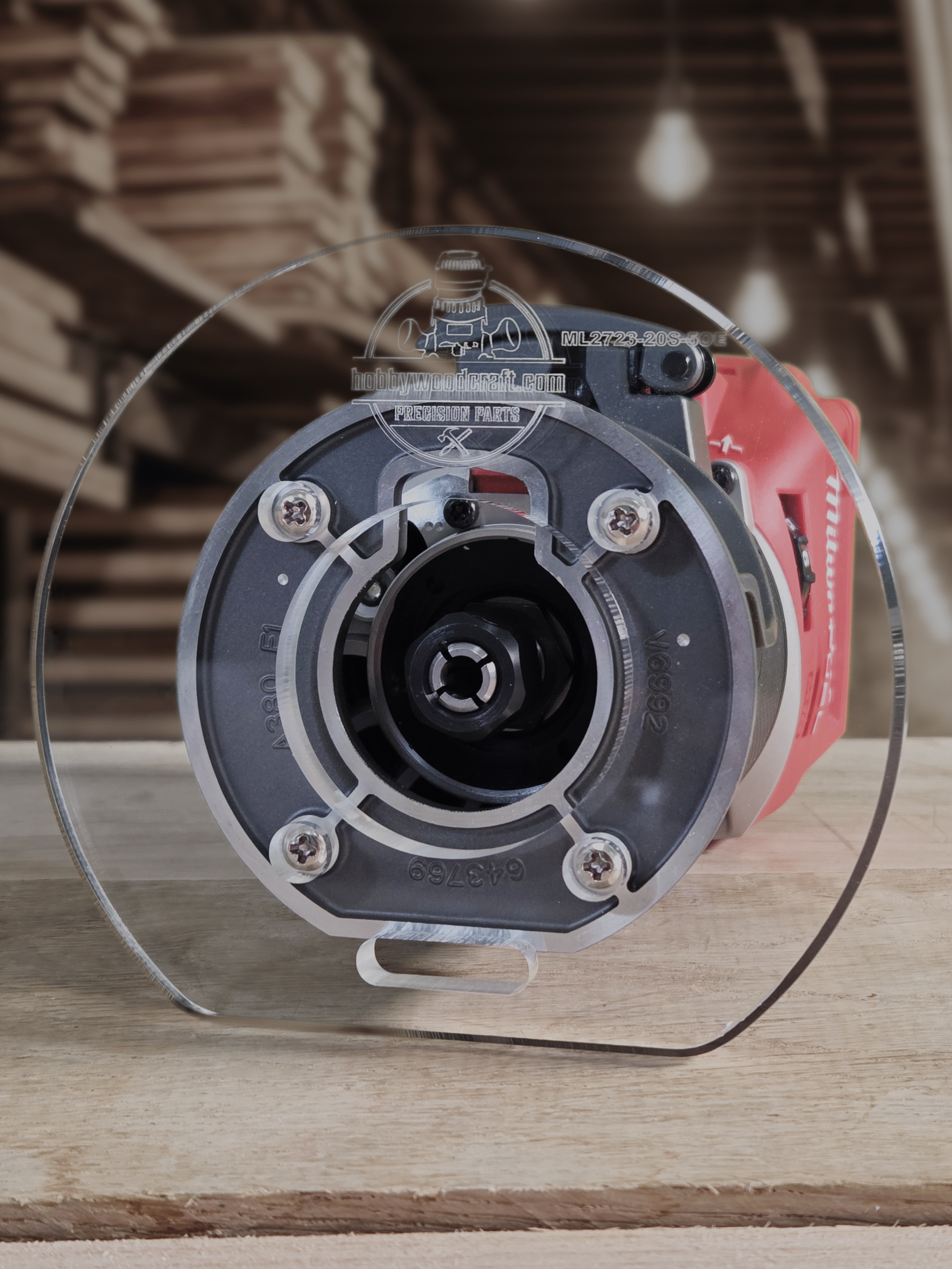 3/8″ Thick 5" baseplate upgrade with and edge and 2" opening for Milwaukee M18 2723-20 fixed base router.