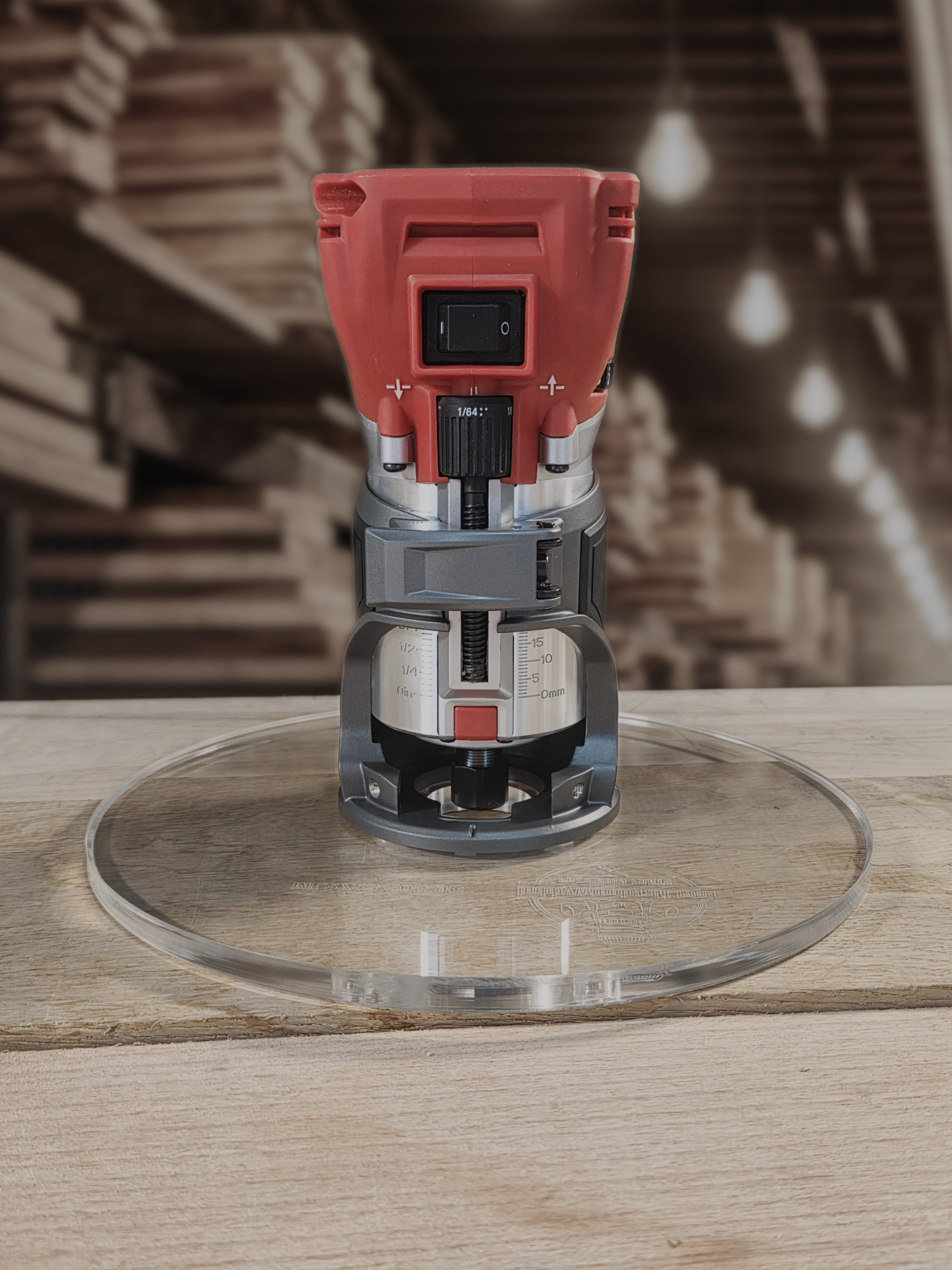 3/8″ Thick 9" Circle baseplate upgrade with bushing compatibility for Milwaukee M18 2723-20 fixed base router. - Image 3