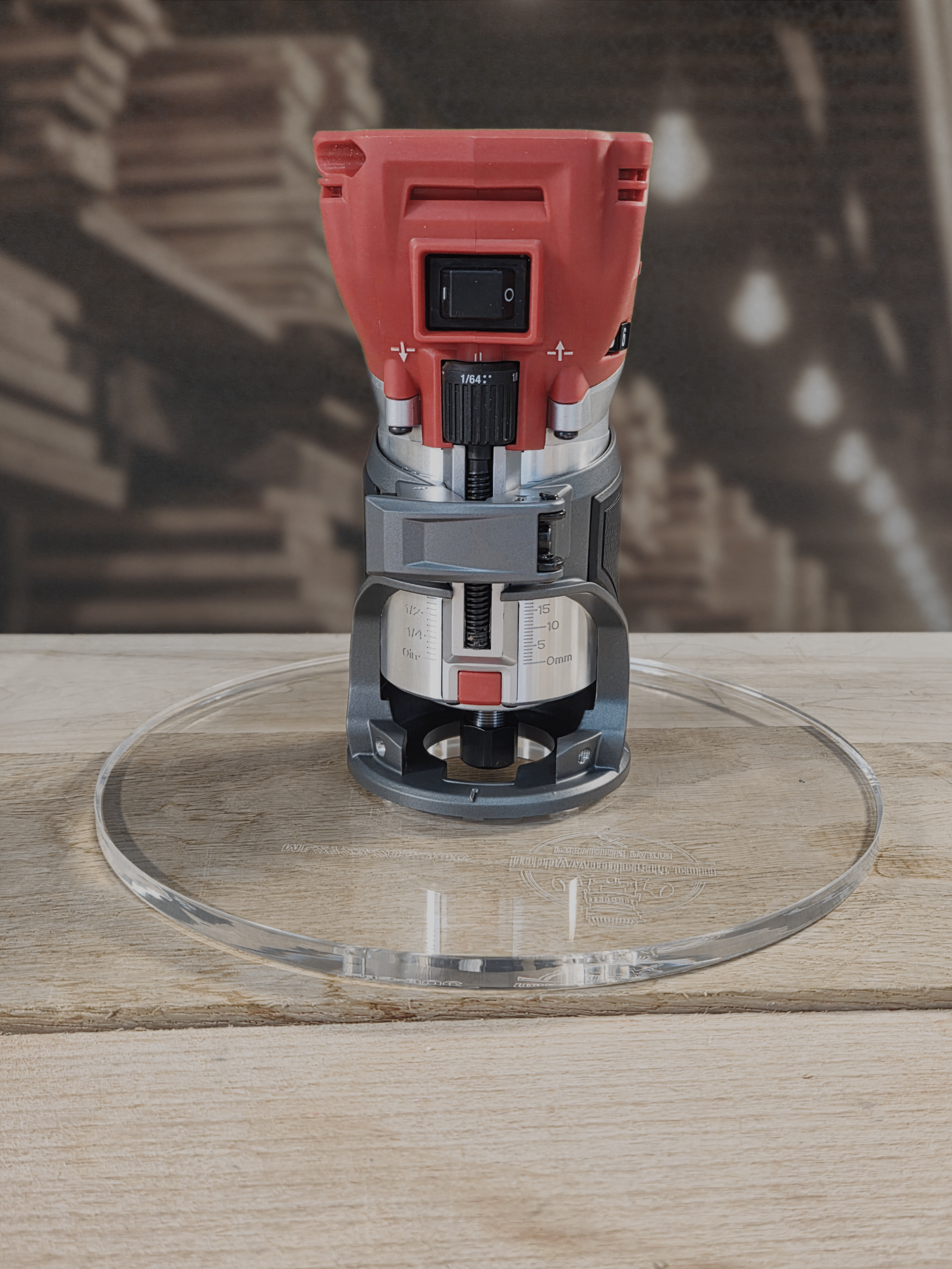 3/8″ Thick 9" Circle baseplate upgrade with a 2" opening for Milwaukee M18 2723-20 fixed base router. - Image 3