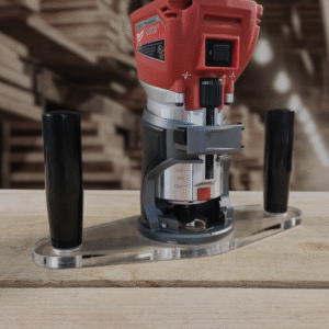 3/8″ Thick baseplate upgrade with double handles and a 2" opening for Milwaukee M18 2723-20 fixed base router.