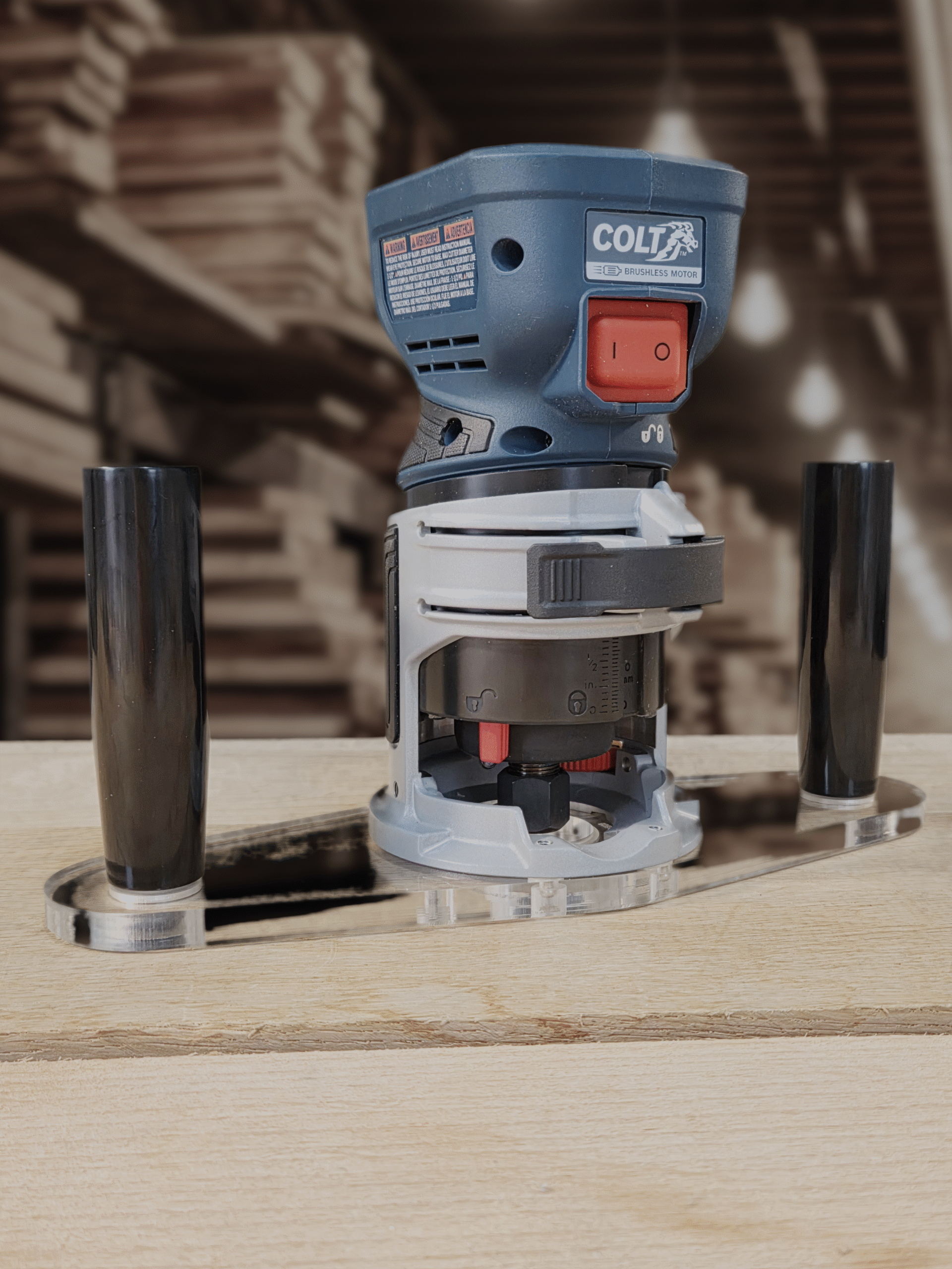 3/8″ Thick baseplate upgrade with double handles and bushing compatibility for Bosch BSGKF18V-25N fixed base router.