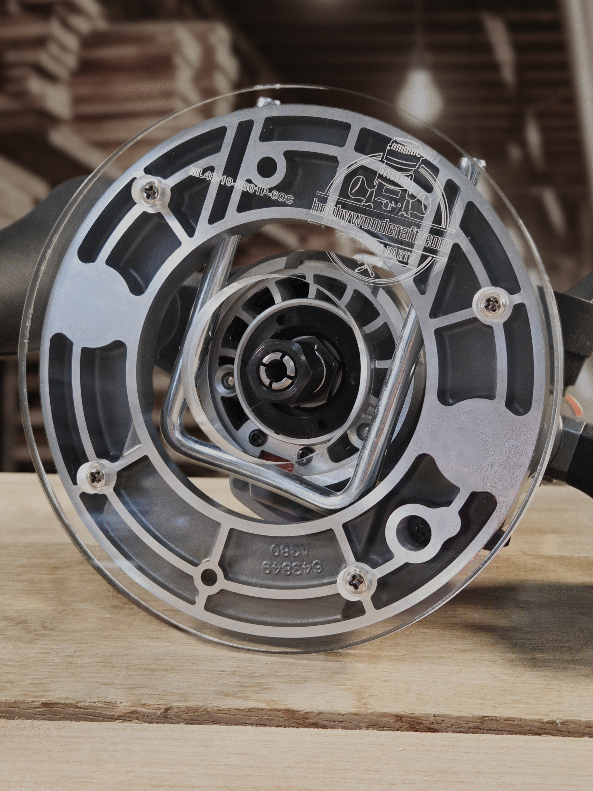 3/8″ Thick 6" circle baseplate upgrade with a 2" opening for Milwaukee 48-10-5601 plunge base.