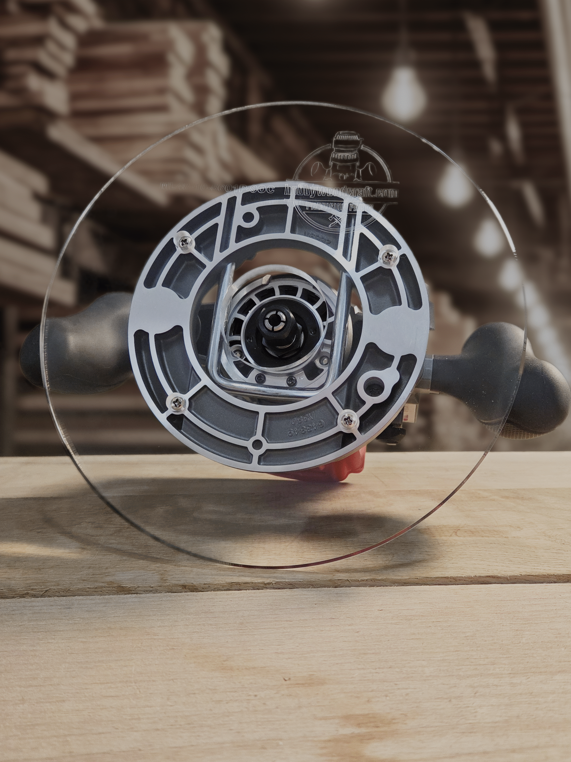 3/8″ Thick 9" circle baseplate upgrade with a 2" opening for Milwaukee 48-10-5601 plunge base.