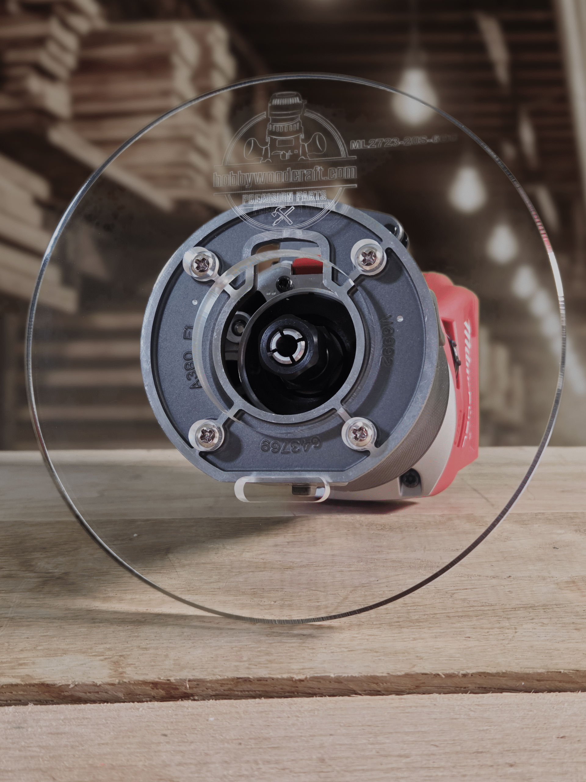 3/8″ Thick 6" circle baseplate upgrade with a 2" opening for Milwaukee M18 2723-20 fixed base router.