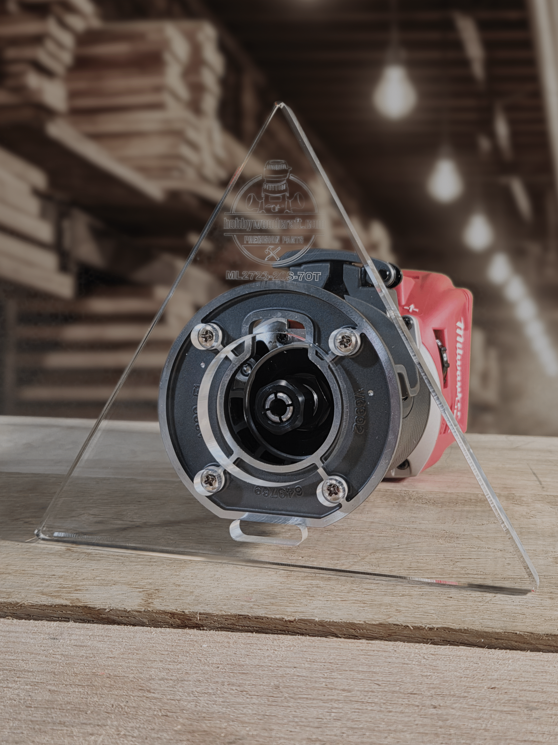 3/8″ Thick 7" Triangle baseplate upgrade with a 2" opening for Milwaukee M18 2723-20 fixed base router.