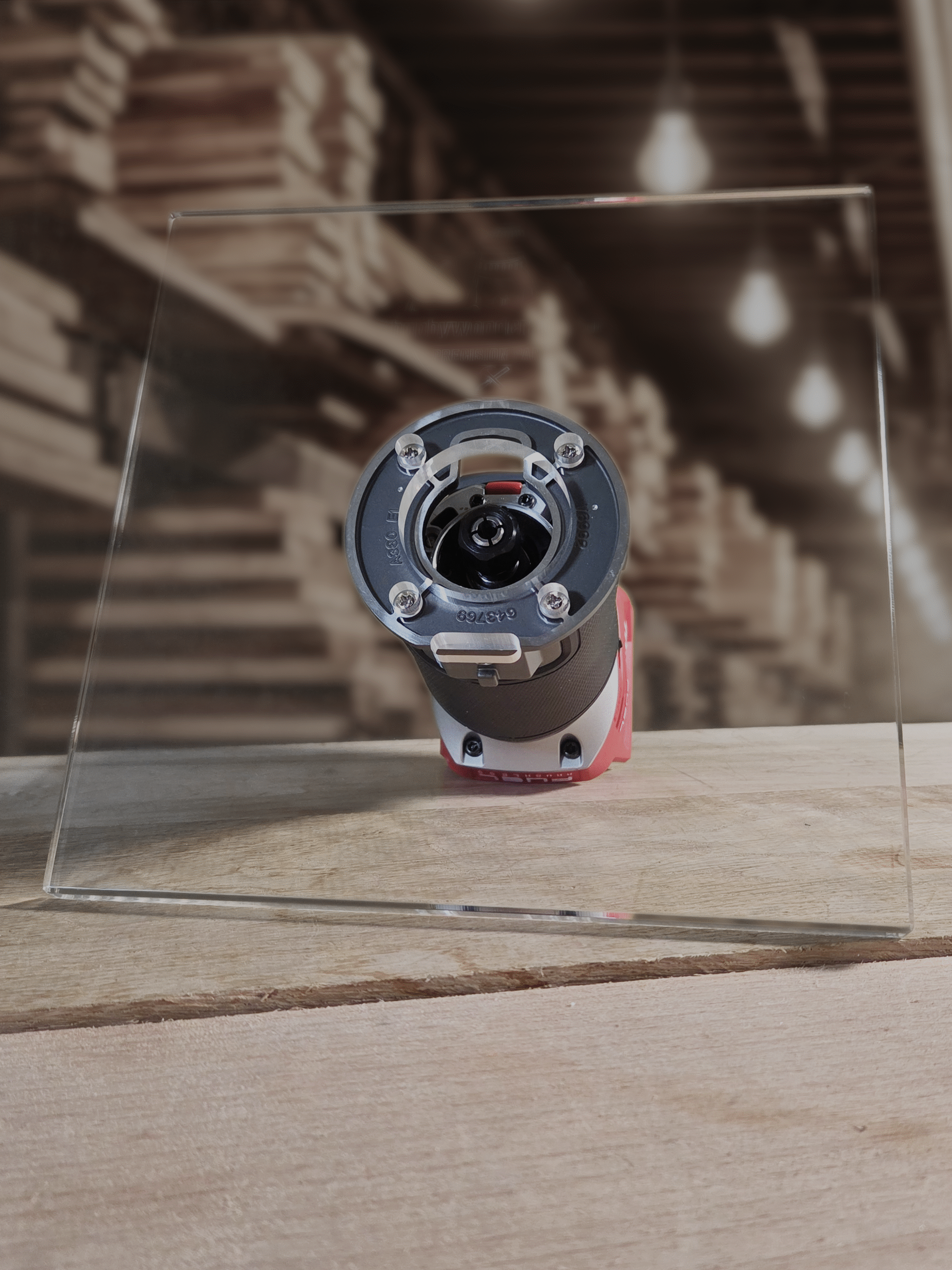 3/8″ Thick 9" Square baseplate upgrade with a 2" opening for Milwaukee M18 2723-20 fixed base router.