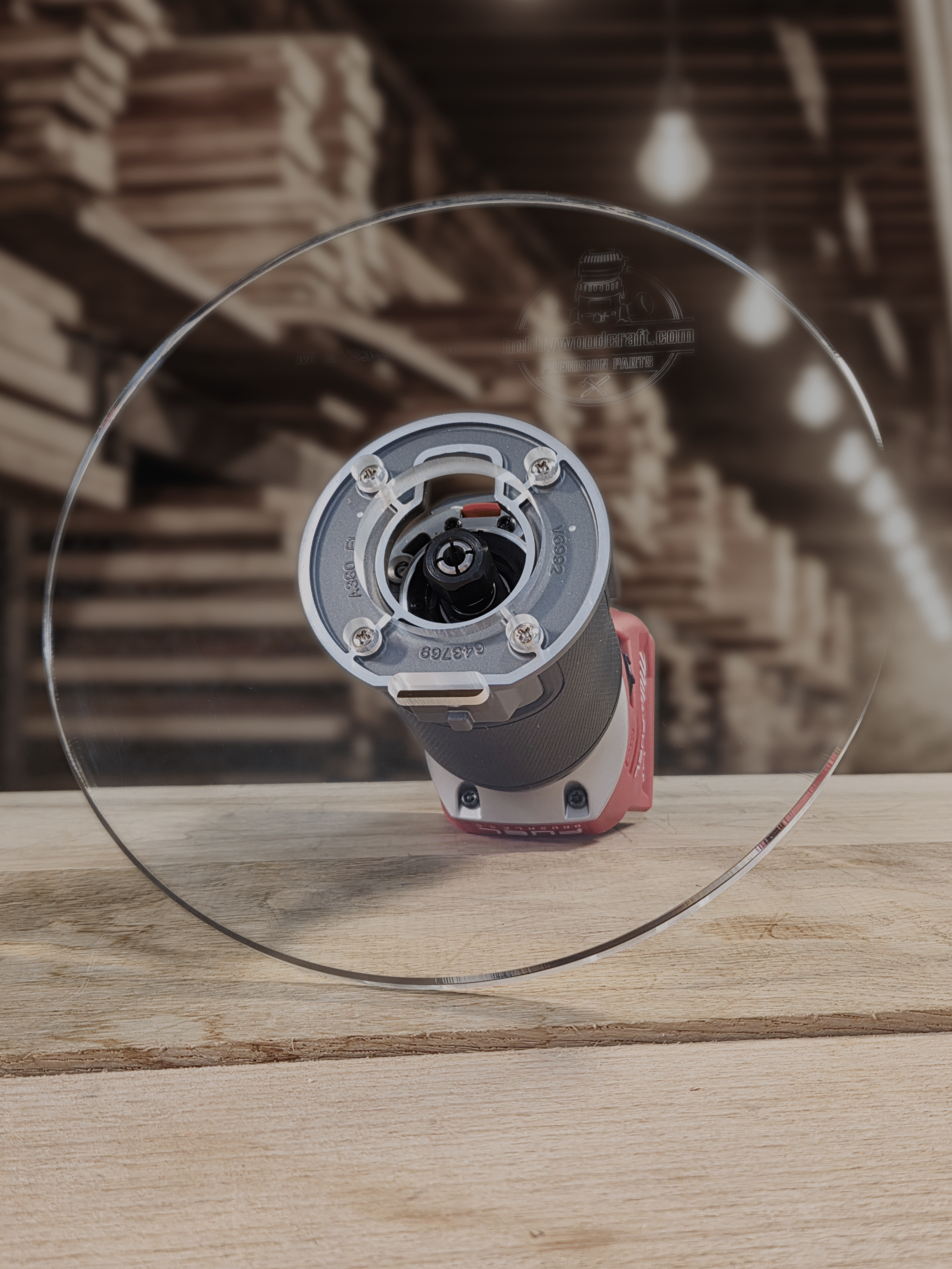 3/8″ Thick 9" Circle baseplate upgrade with a 2" opening for Milwaukee M18 2723-20 fixed base router.