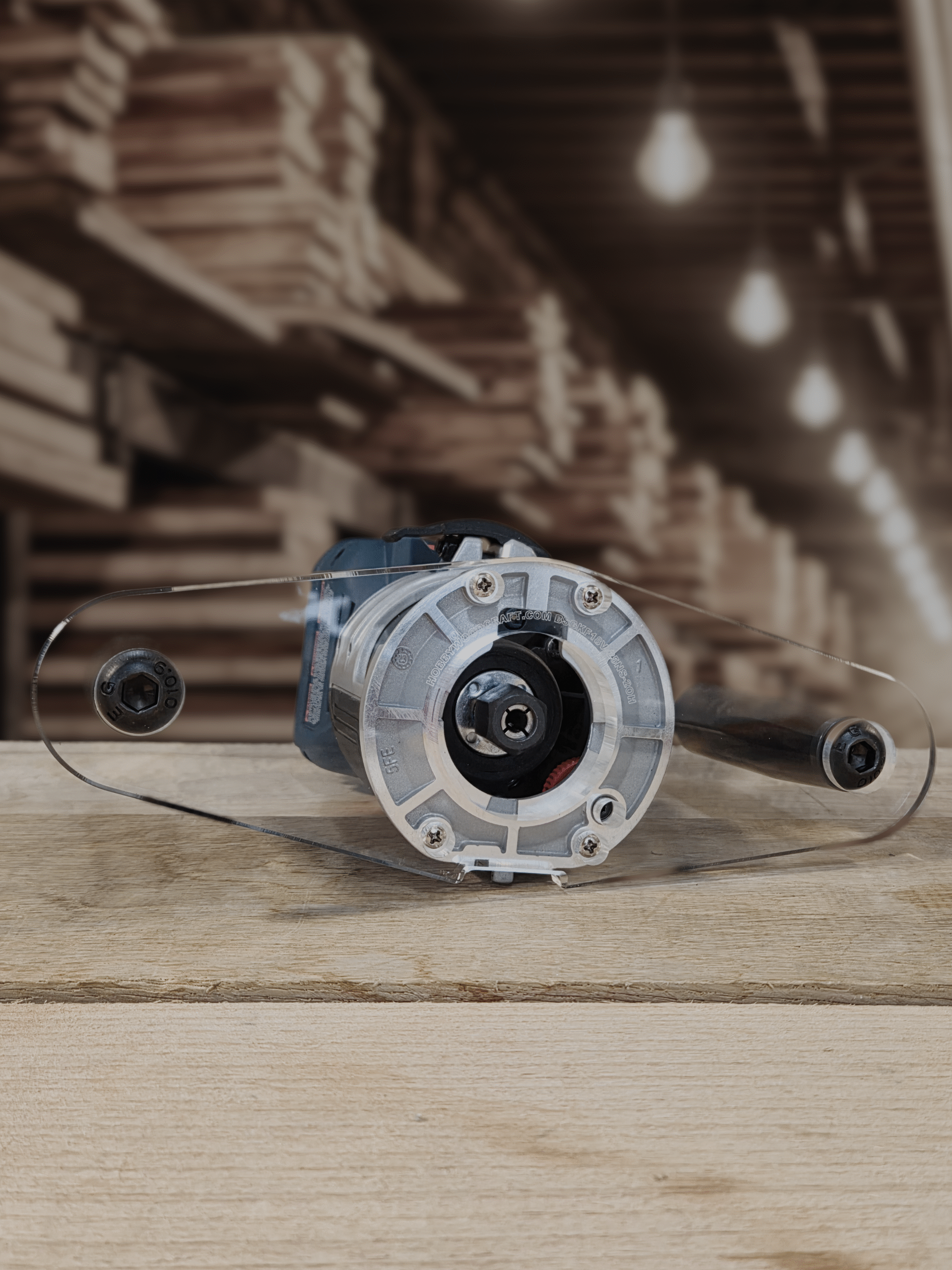 3/8″ Thick baseplate upgrade with double handles and a 2" opening for Bosch BSGKF18V-25N fixed base router.