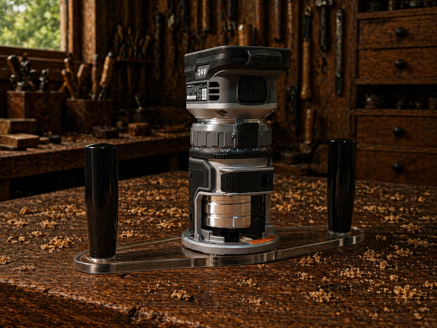 3/8″ Thick baseplate upgrade with double handles and a 2" opening for Flex FX4221-Z fixed base router.