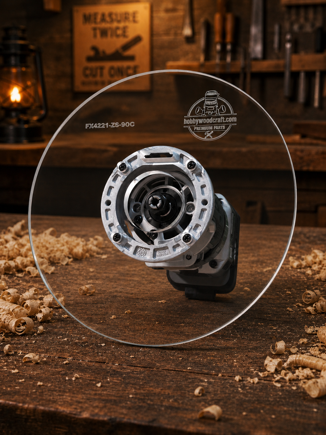 3/8″ Thick 9″ Circle baseplate upgrade with a 2" opening for Flex FX4221-Z fixed base router.