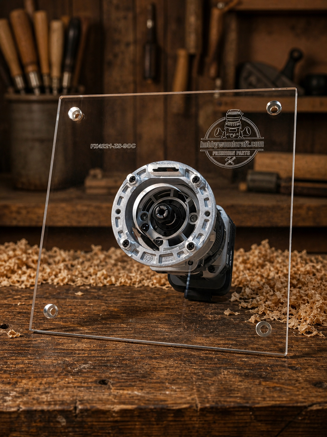 3/8″ Thick 9″ Square baseplate upgrade with a 2" opening for Flex FX4221-Z fixed base router.