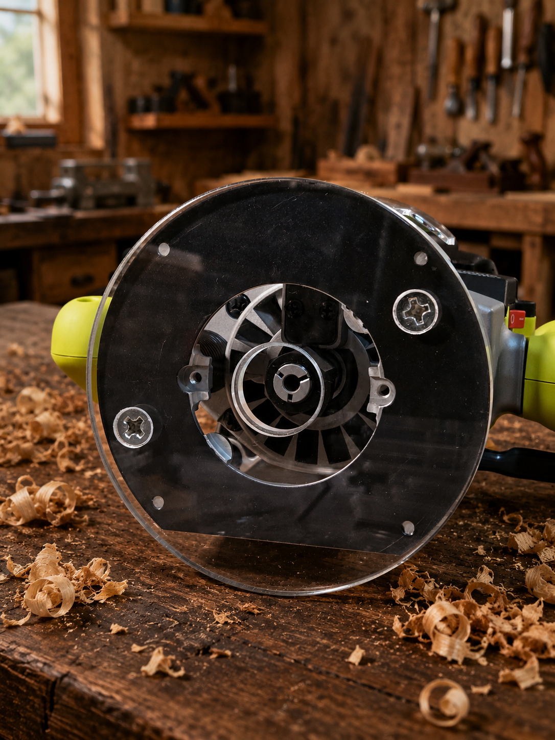 3/8″ Thick 6.1″ circle baseplate upgrade with bushing compatibility for Ryobi RE180PL1G plunge router.