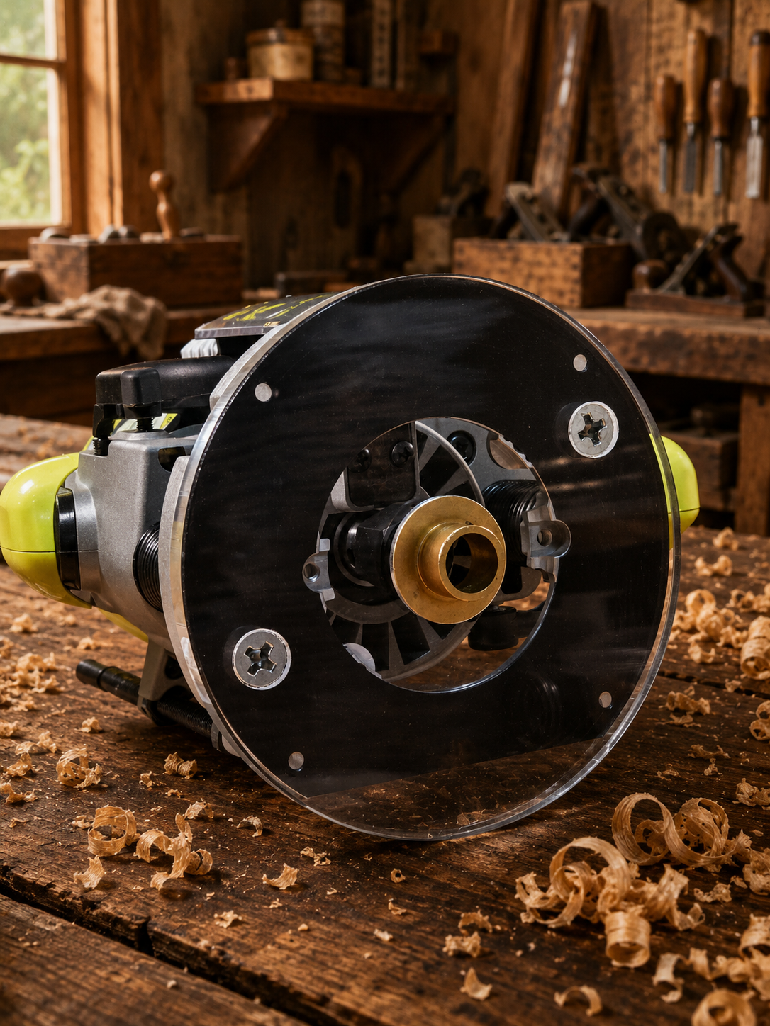 3/8″ Thick 6.1″ circle baseplate upgrade with bushing compatibility for Ryobi RE180PL1G plunge router. - Image 2