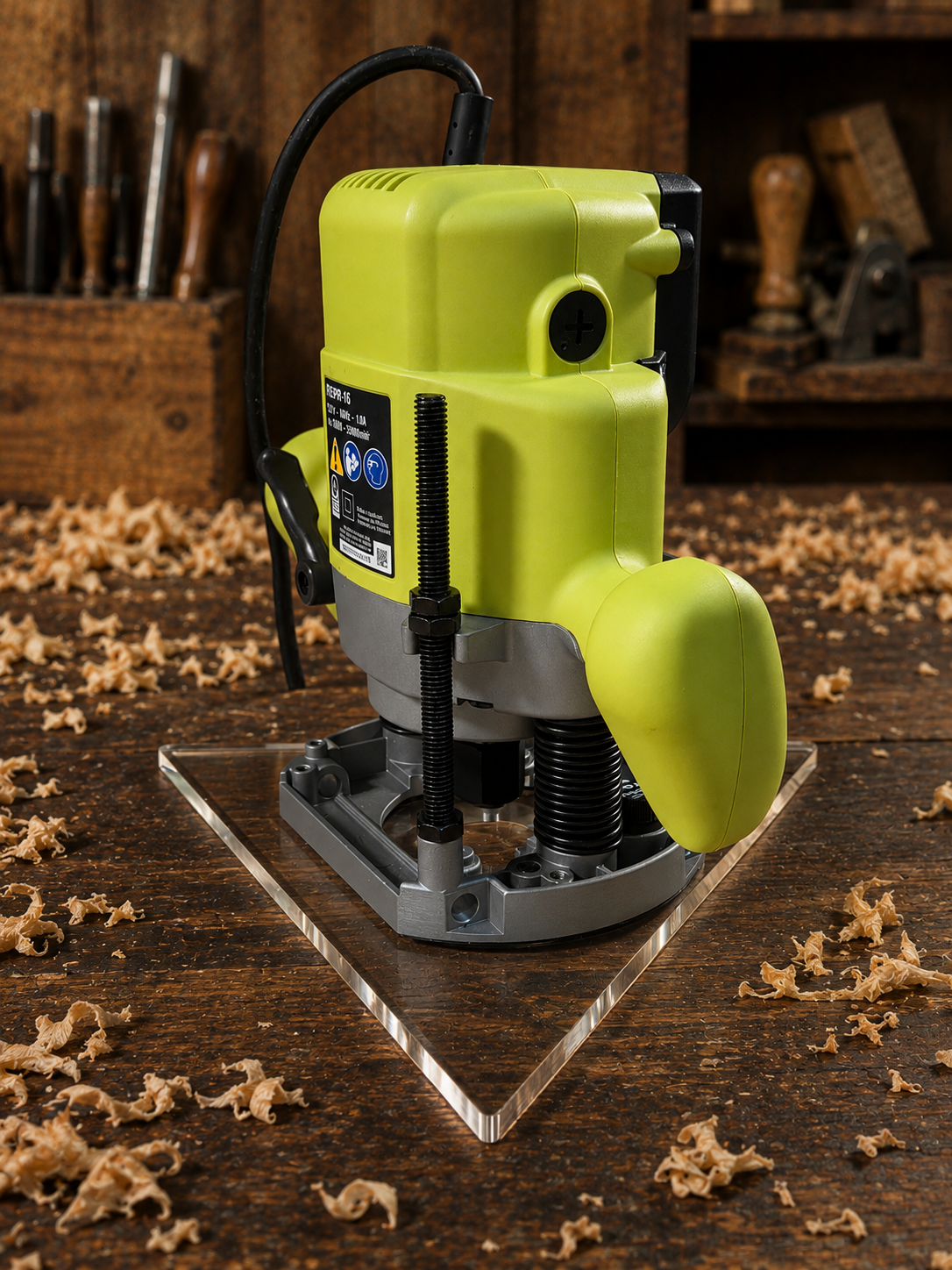 3/8″ Thick 10.6" triangle baseplate upgrade with a 2" opening for Ryobi RE180PL1G plunge router. - Image 3