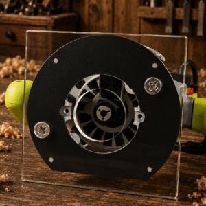 3/8″ Thick 6.1″ square baseplate upgrade with a 2" opening for Ryobi RE180PL1G plunge router.