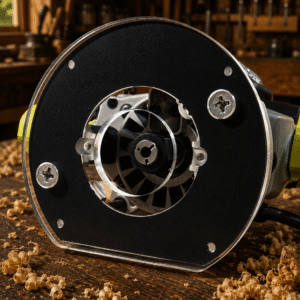 3/8″ Thick 6.1″ circle baseplate upgrade with an edge and 2" opening for Ryobi RE180PL1G plunge router.