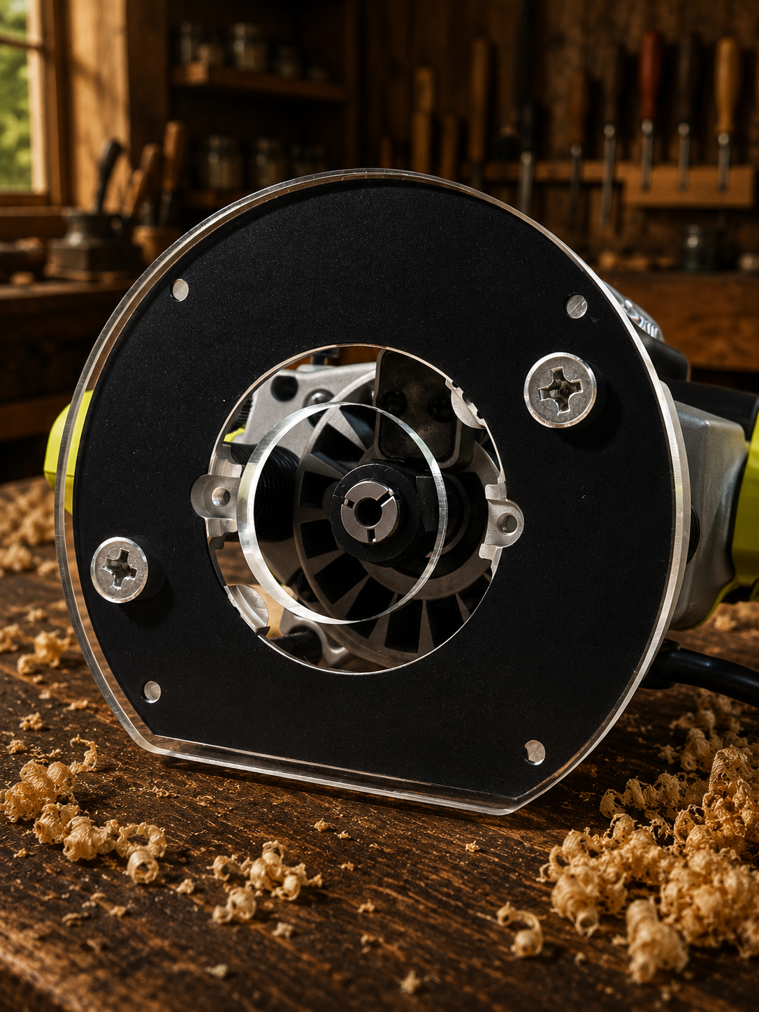 3/8″ Thick 6.1″ circle baseplate upgrade with an edge and 2" opening for Ryobi RE180PL1G plunge router.