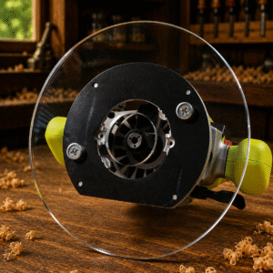 3/8″ Thick 9″ circle baseplate upgrade with a 2" opening for Ryobi RE180PL1G plunge router.