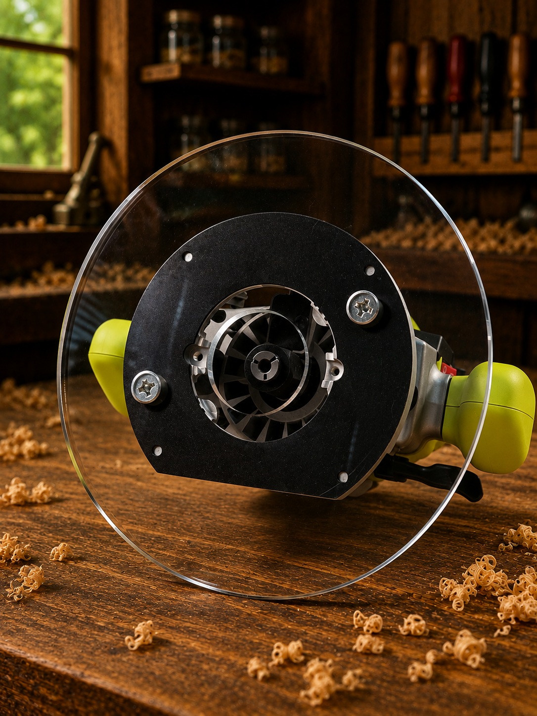 3/8″ Thick 9″ circle baseplate upgrade with a 2" opening for Ryobi RE180PL1G plunge router.