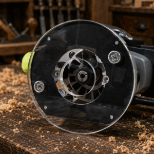 3/8″ Thick 6.1″ circle baseplate upgrade with a 2" opening for Ryobi RE180PL1G plunge router.
