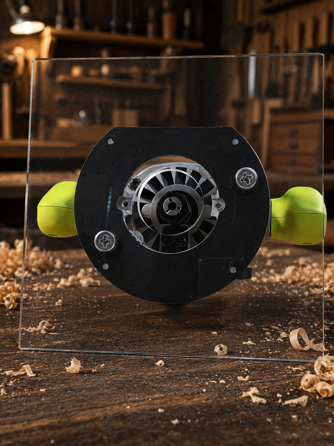 3/8″ Thick 9″ square baseplate upgrade with a 2" opening for Ryobi RE180PL1G plunge router.