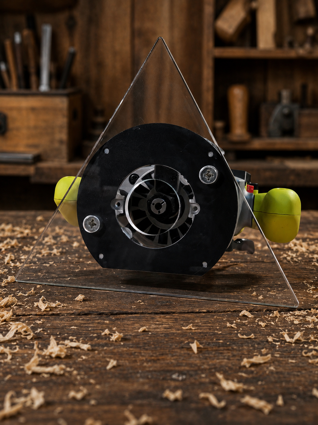 3/8″ Thick 10.6" triangle baseplate upgrade with a 2" opening for Ryobi RE180PL1G plunge router.