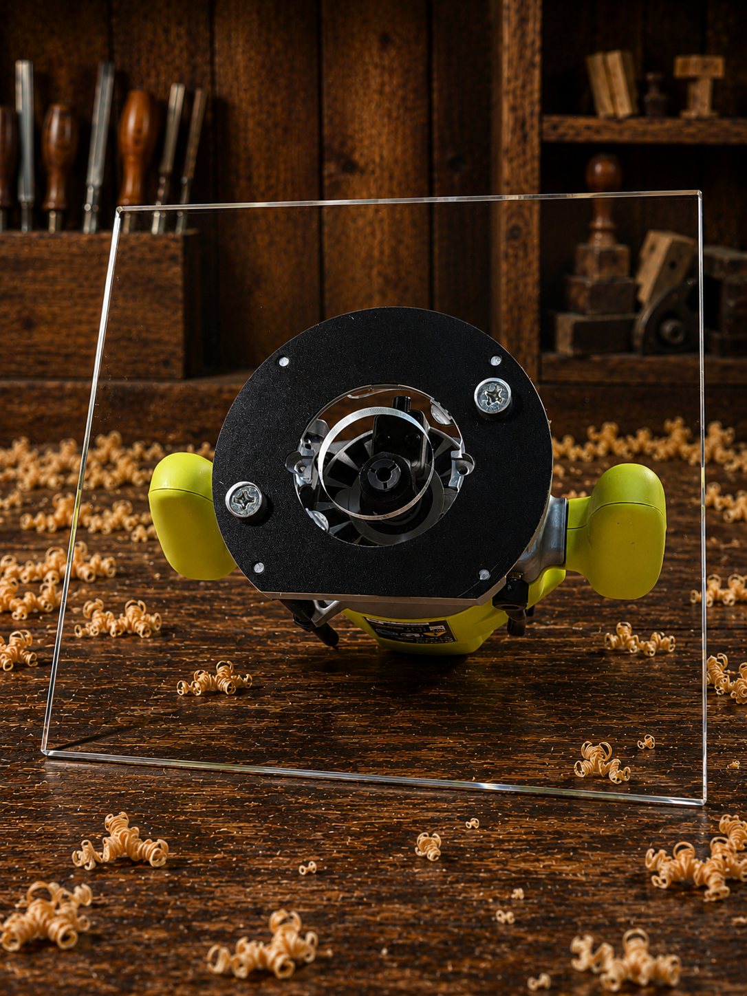 3/8″ Thick 11" square baseplate upgrade with a 2" opening for Ryobi RE180PL1G plunge router.