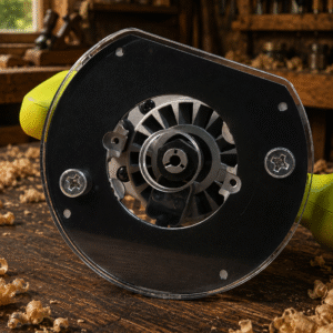 3/8″ Thick 6.1″ circle baseplate upgrade with an edge and PC style bushing compatibility for Ryobi RE180PL1G plunge router.