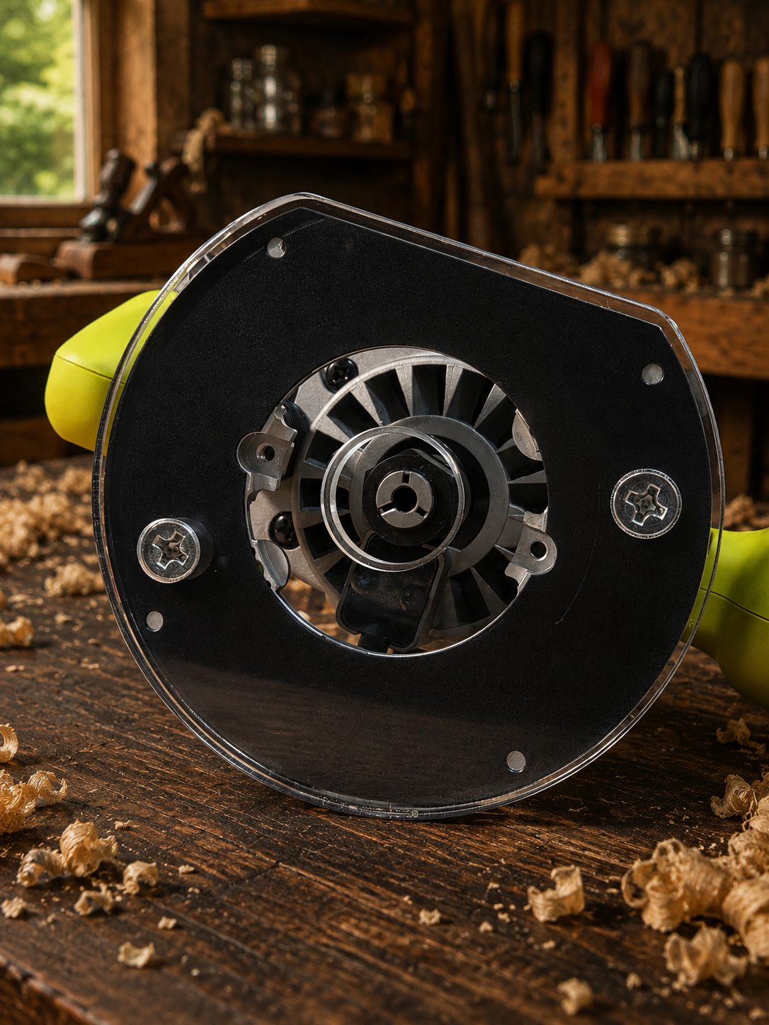 3/8″ Thick 6.1″ circle baseplate upgrade with an edge and PC style bushing compatibility for Ryobi RE180PL1G plunge router.
