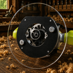 3/8″ Thick 9″ circle baseplate upgrade with PC style bushing compatibility for Ryobi RE180PL1G plunge router.