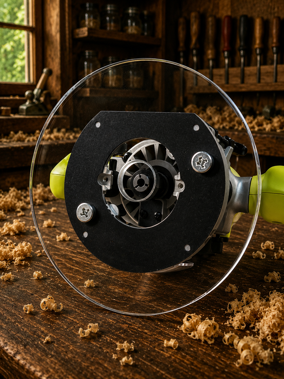 3/8″ Thick 9″ circle baseplate upgrade with PC style bushing compatibility for Ryobi RE180PL1G plunge router.