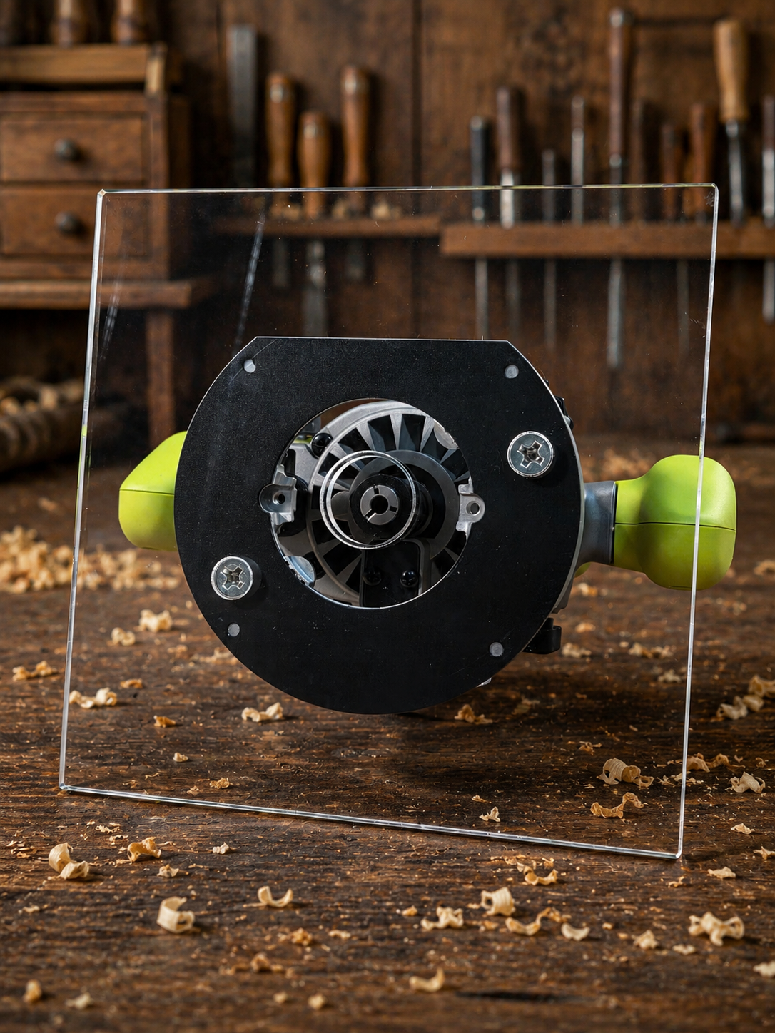 3/8″ Thick 9″ square baseplate upgrade with PC style bushing compatibility for Ryobi RE180PL1G plunge router.