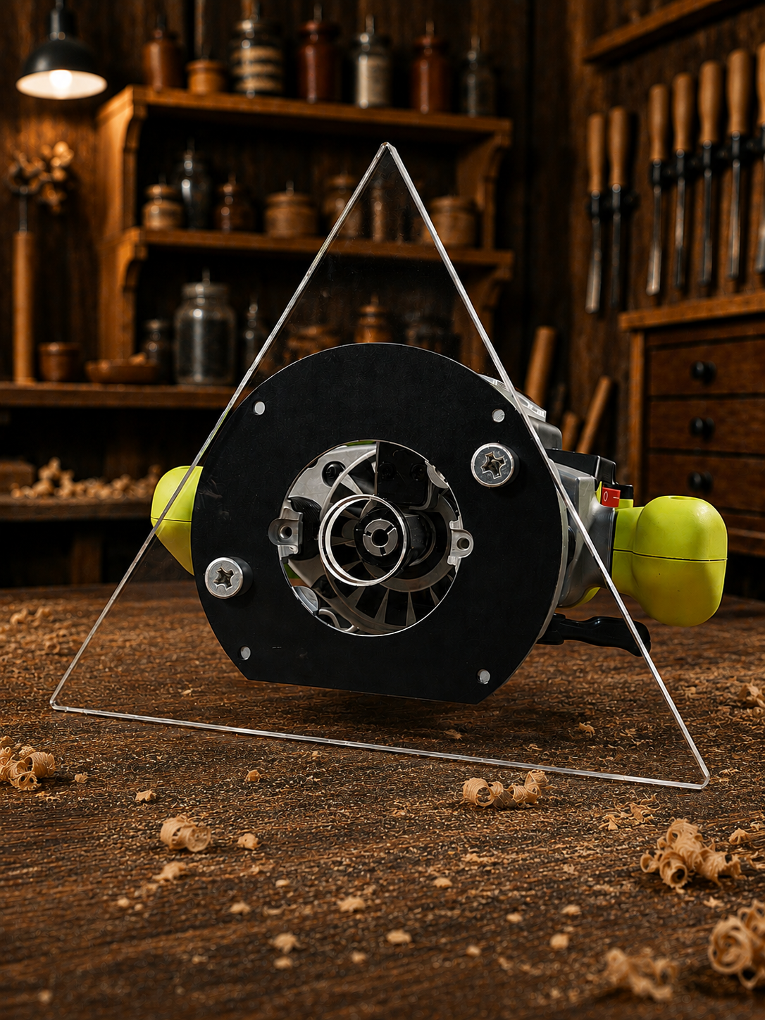3/8″ Thick 10.6" triangle baseplate upgrade with PC style bushing compatibility for Ryobi RE180PL1G plunge router.