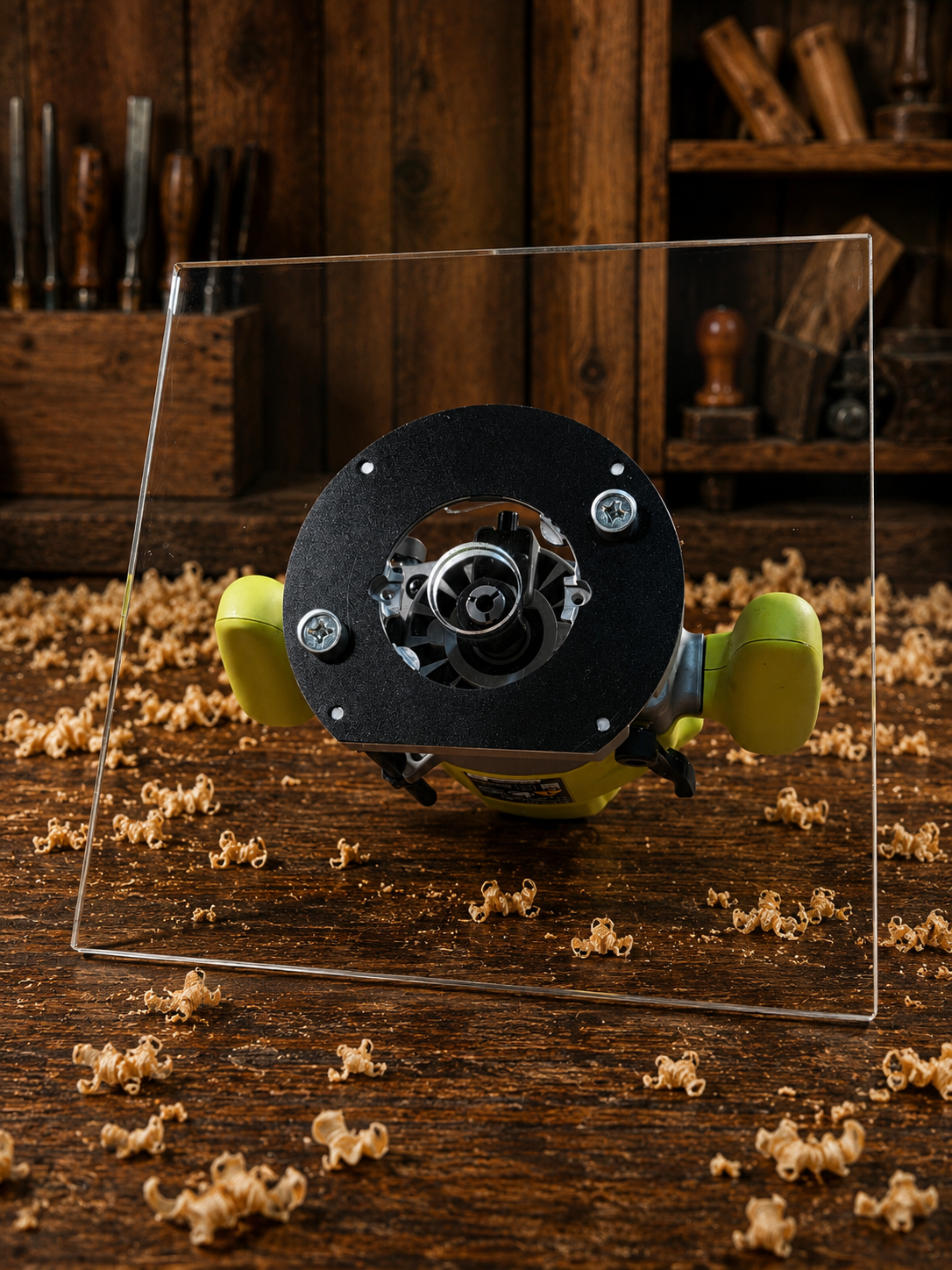 3/8″ Thick 11" square baseplate upgrade with PC style bushing compatibility for Ryobi RE180PL1G plunge router.
