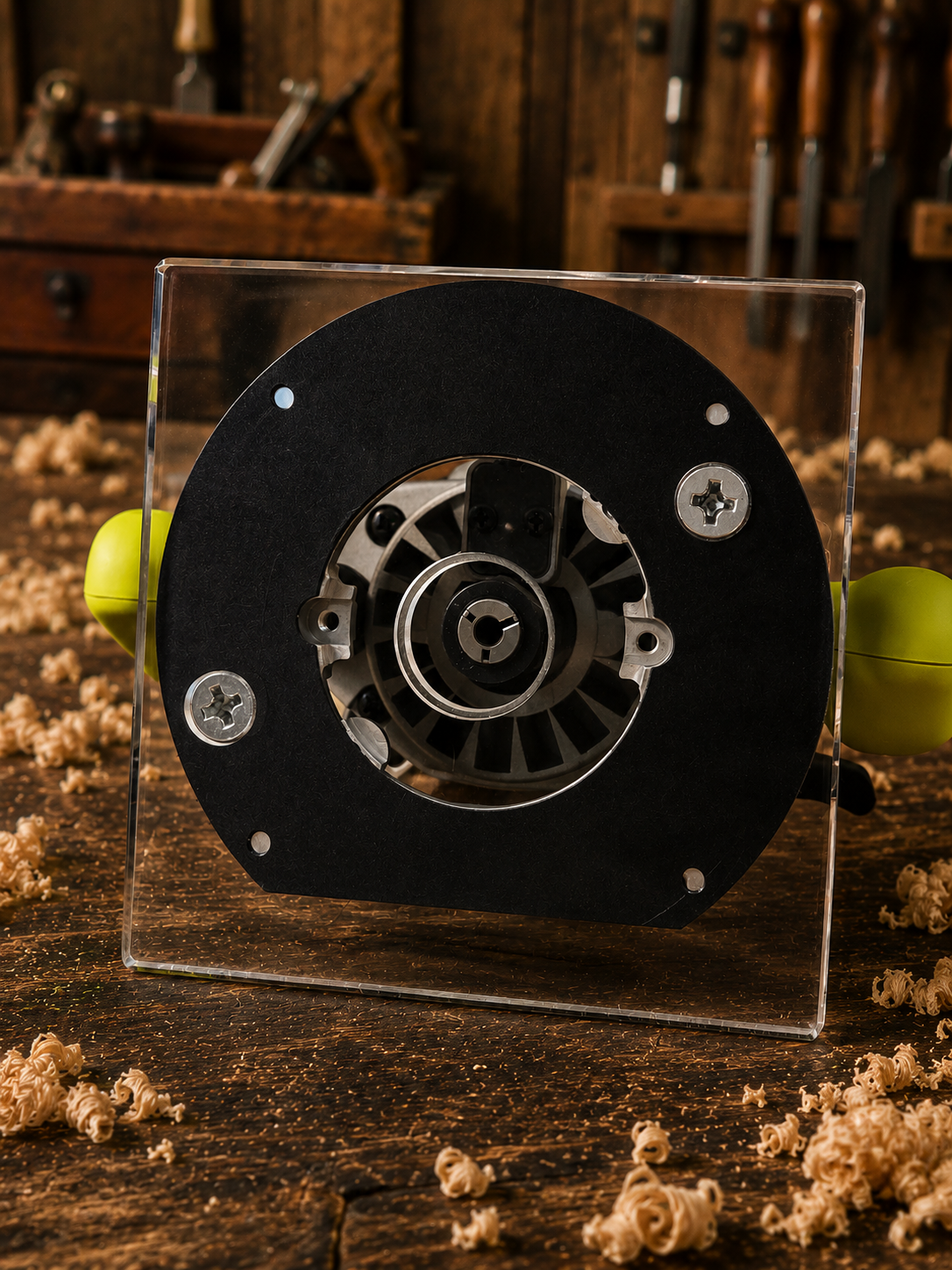 3/8″ Thick 6.1″ square baseplate upgrade with pc style bushing compatibility for Ryobi RE180PL1G plunge router.