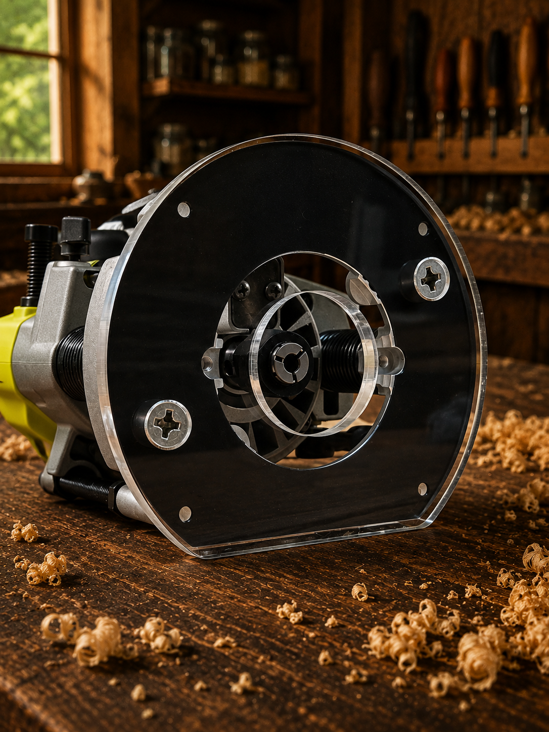 3/8″ Thick 6.1″ circle baseplate upgrade with an edge and 2" opening for Ryobi RE180PL1G plunge router. - Image 2