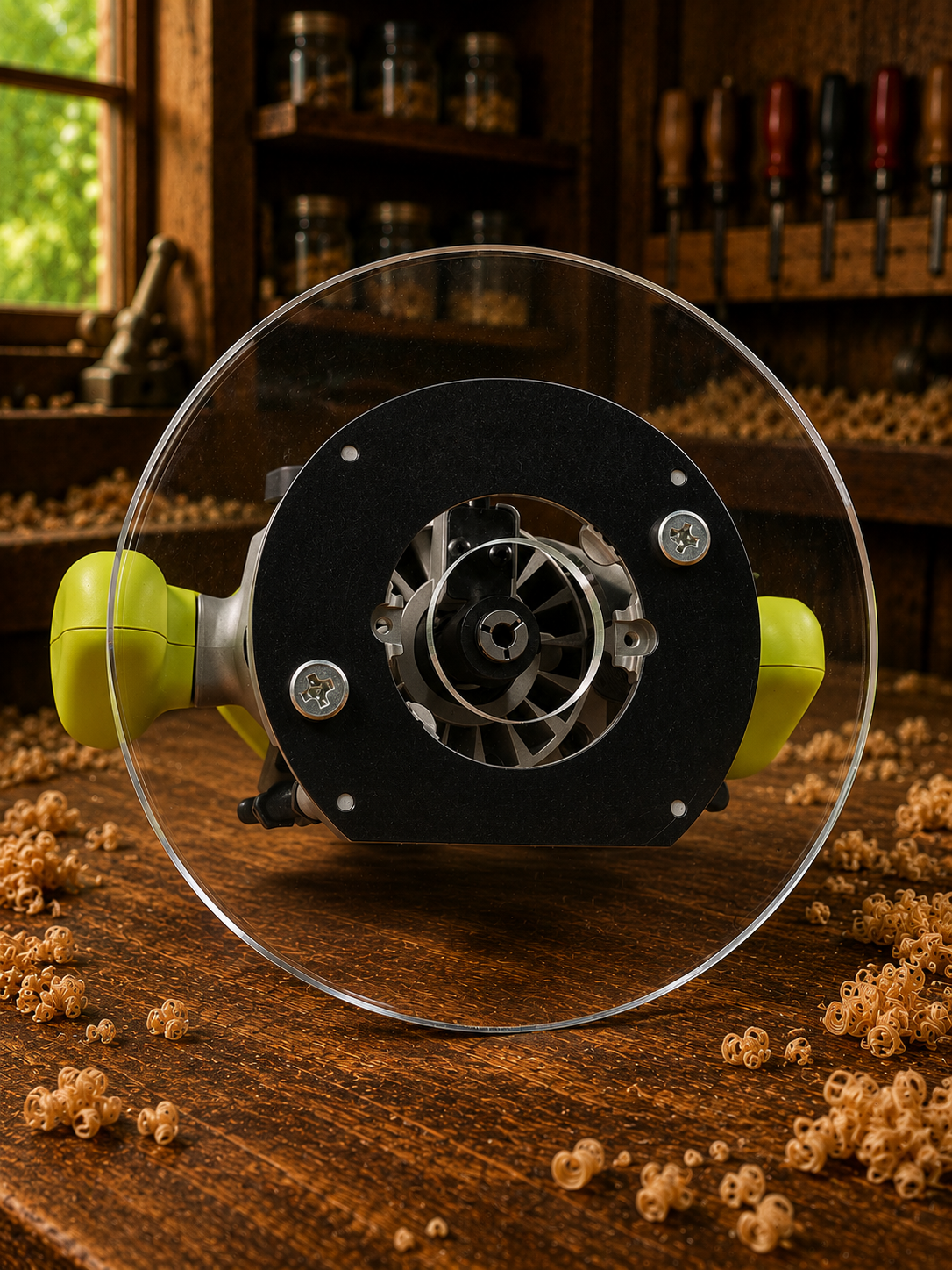 3/8″ Thick 9″ circle baseplate upgrade with a 2" opening for Ryobi RE180PL1G plunge router. - Image 2