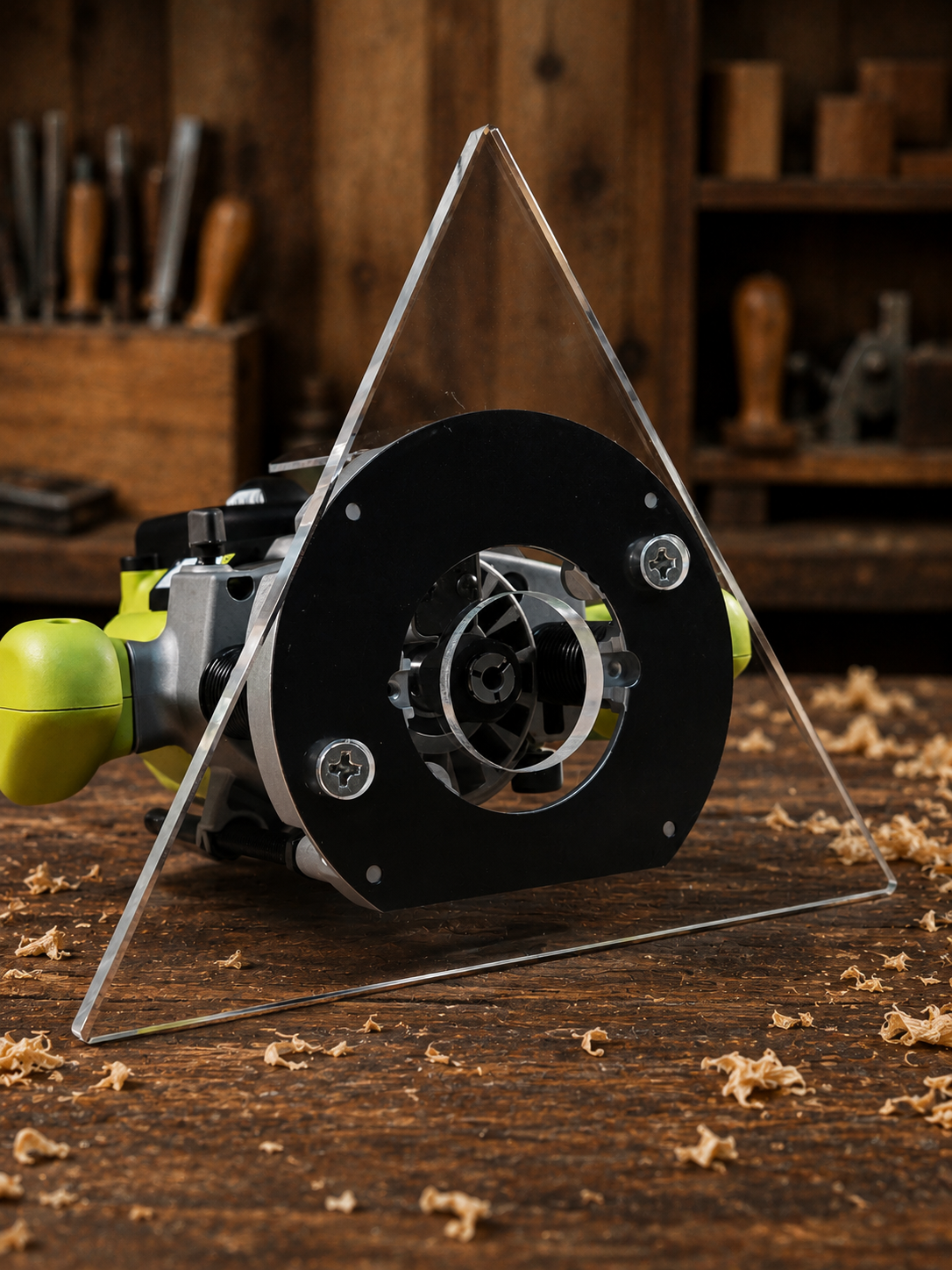 3/8″ Thick 10.6" triangle baseplate upgrade with a 2" opening for Ryobi RE180PL1G plunge router. - Image 2