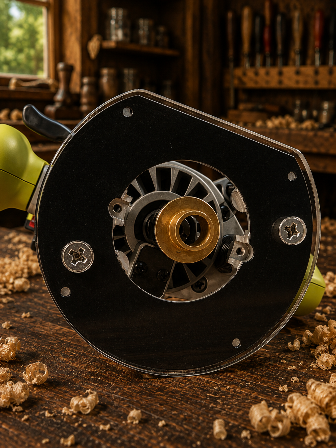 3/8″ Thick 6.1″ circle baseplate upgrade with an edge and PC style bushing compatibility for Ryobi RE180PL1G plunge router. - Image 2