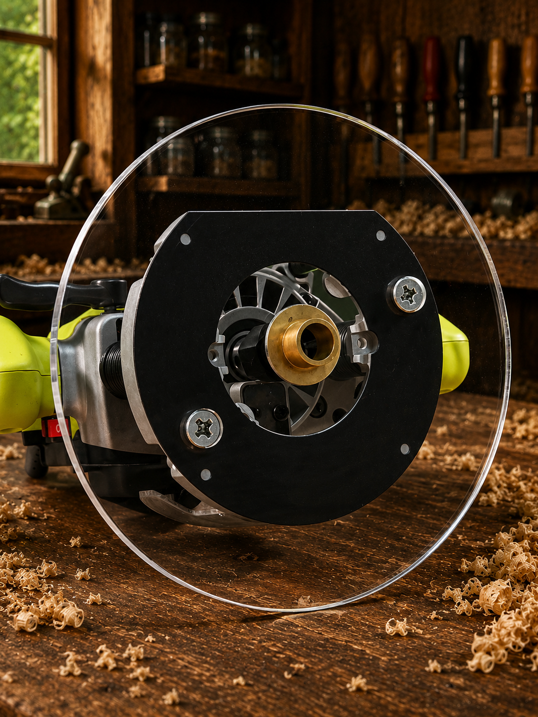 3/8″ Thick 9″ circle baseplate upgrade with PC style bushing compatibility for Ryobi RE180PL1G plunge router. - Image 2