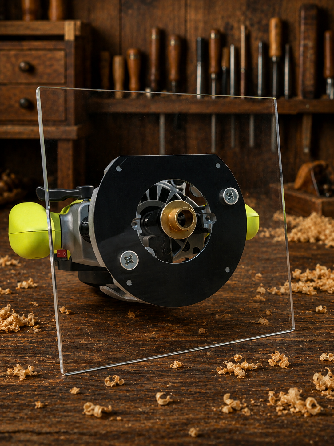 3/8″ Thick 9″ square baseplate upgrade with PC style bushing compatibility for Ryobi RE180PL1G plunge router. - Image 2