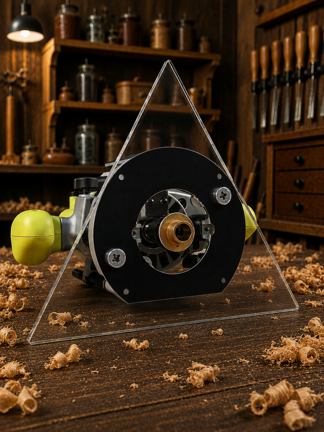 3/8″ Thick 10.6" triangle baseplate upgrade with PC style bushing compatibility for Ryobi RE180PL1G plunge router. - Image 2