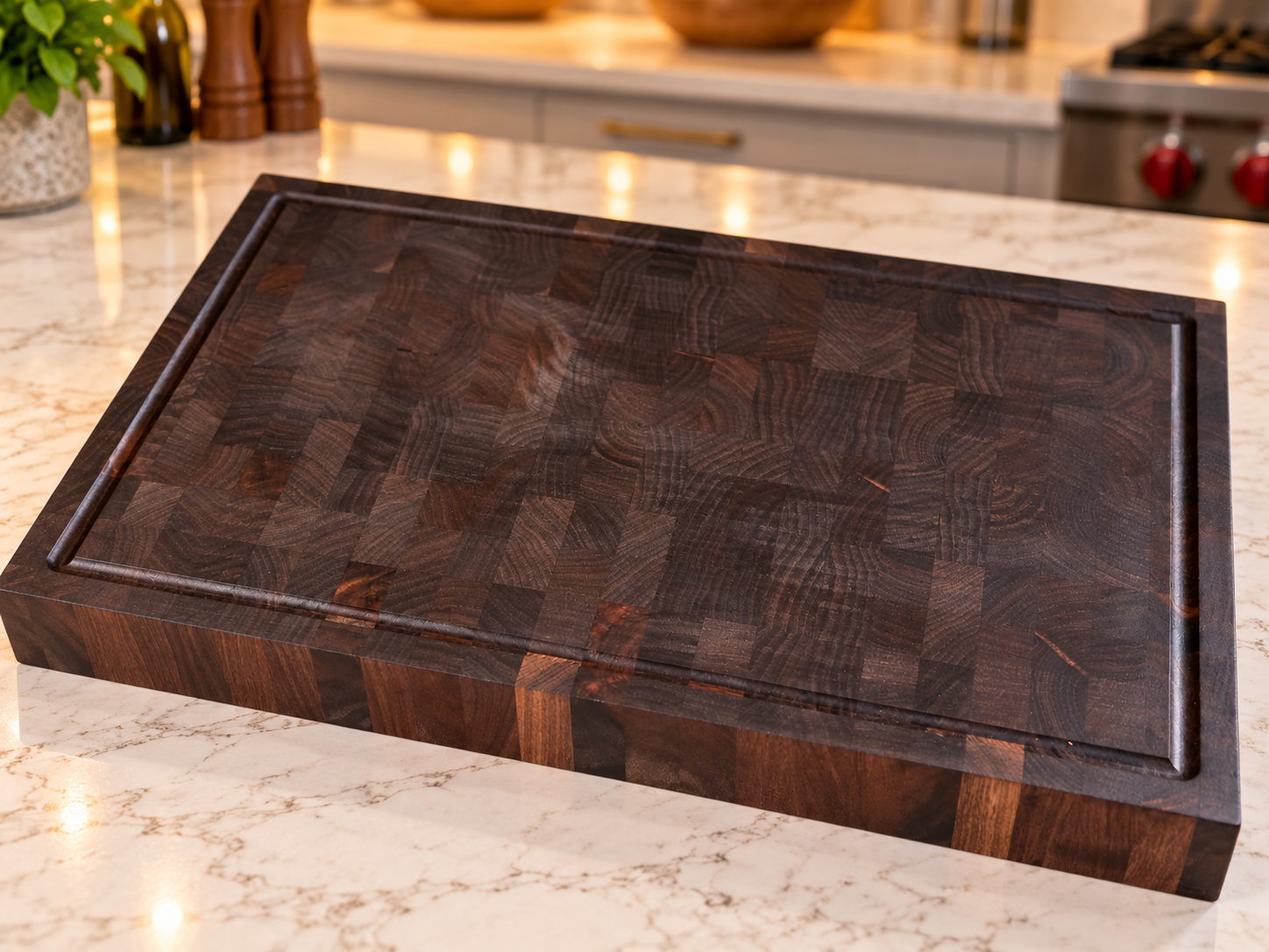 Hand crafted end grain North American black walnut cutting board. 17.75" x 11.5" x 1.7"